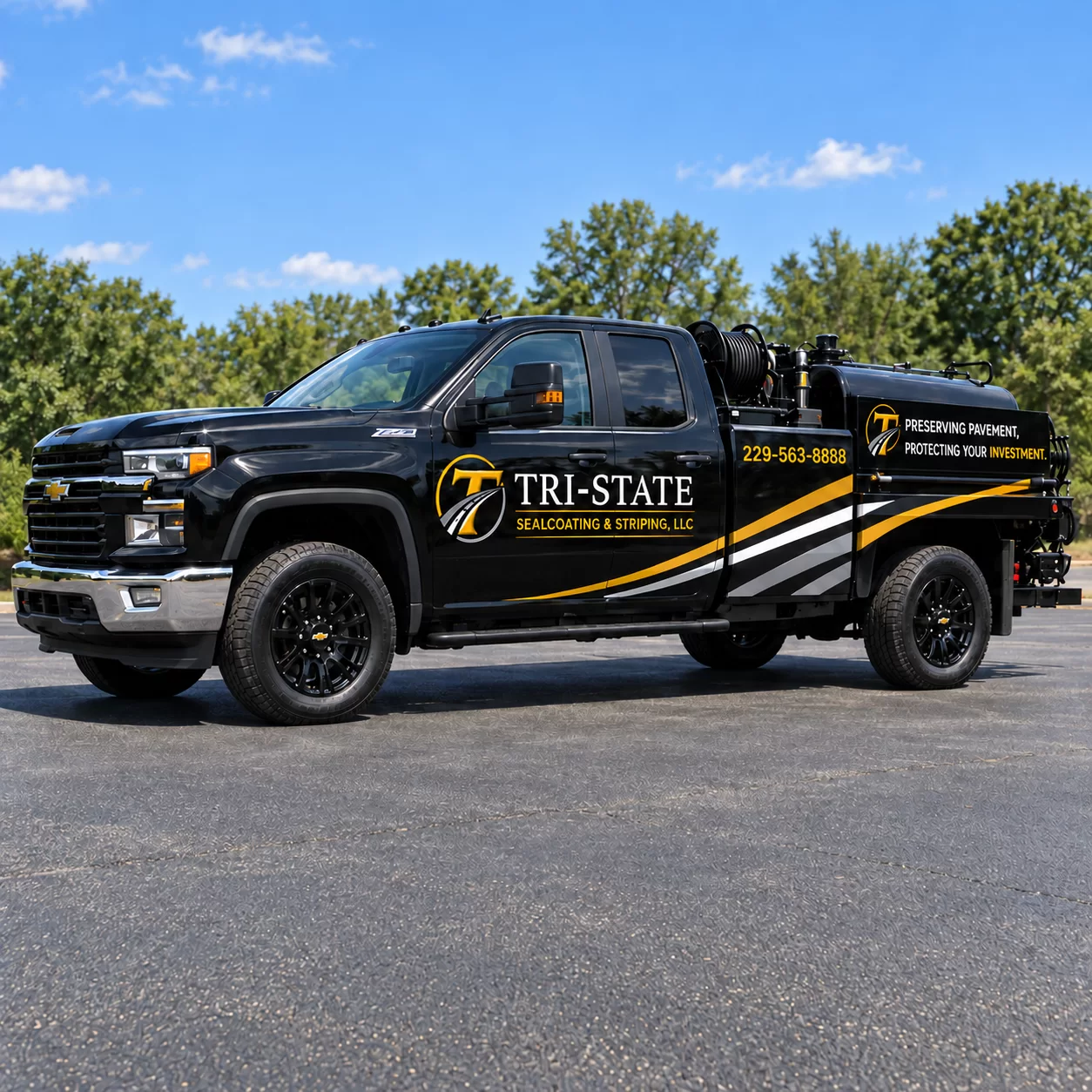 Tri-State Sealcoating and Striping branded service truck