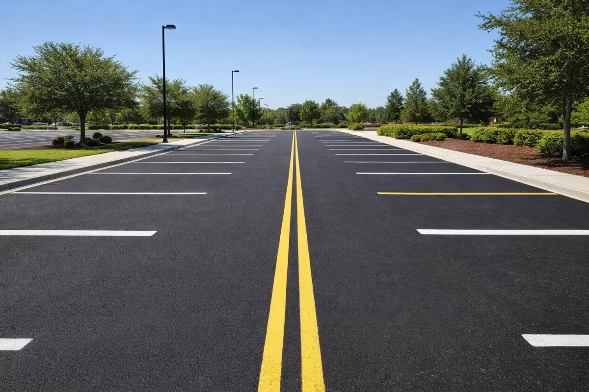A clean, well-maintained commercial parking lot with clear striping, no debris, and smooth dark pavement, illustrating organized and proactive maintenance.