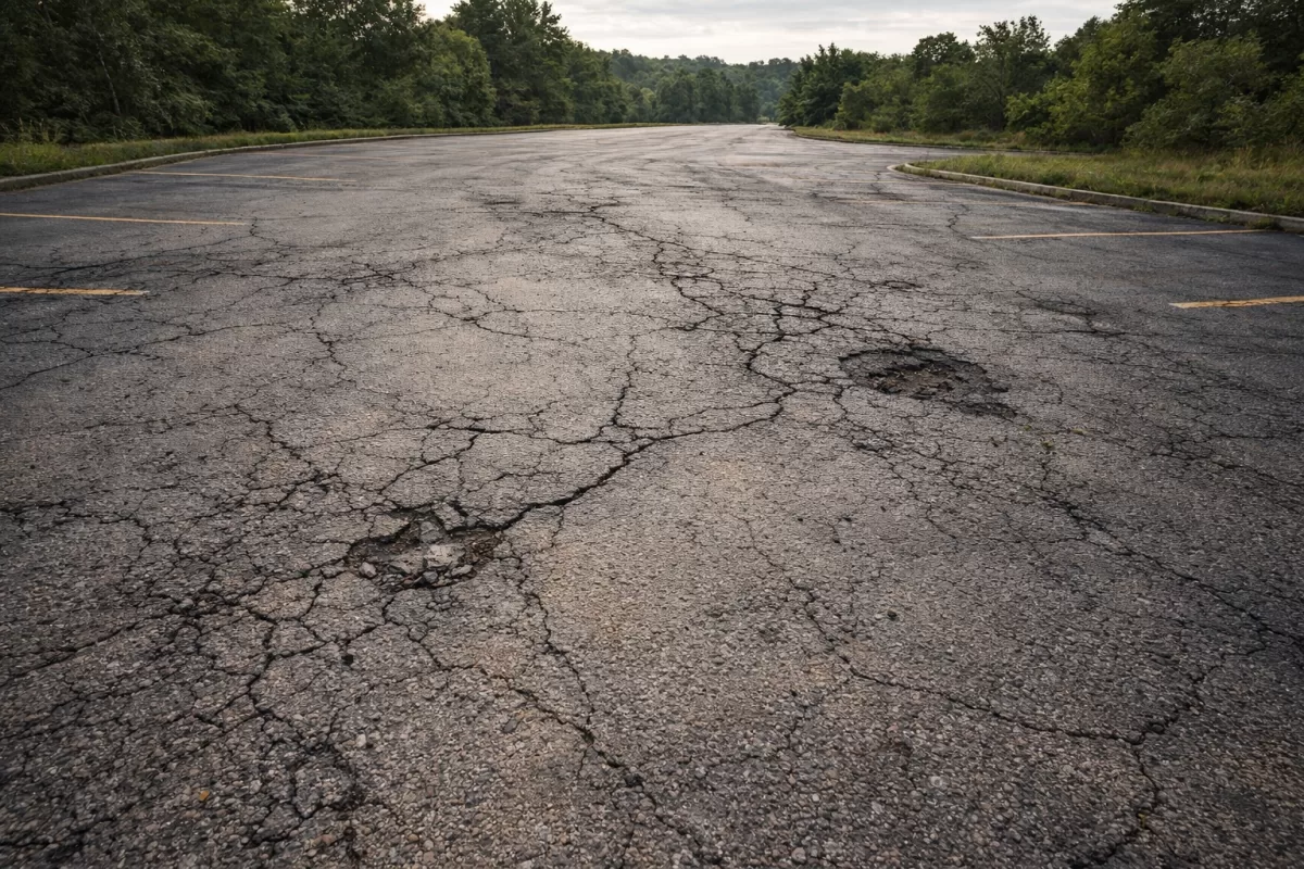 Illustration of a weathered, cracked asphalt parking lot with faded surface and areas needing repair.