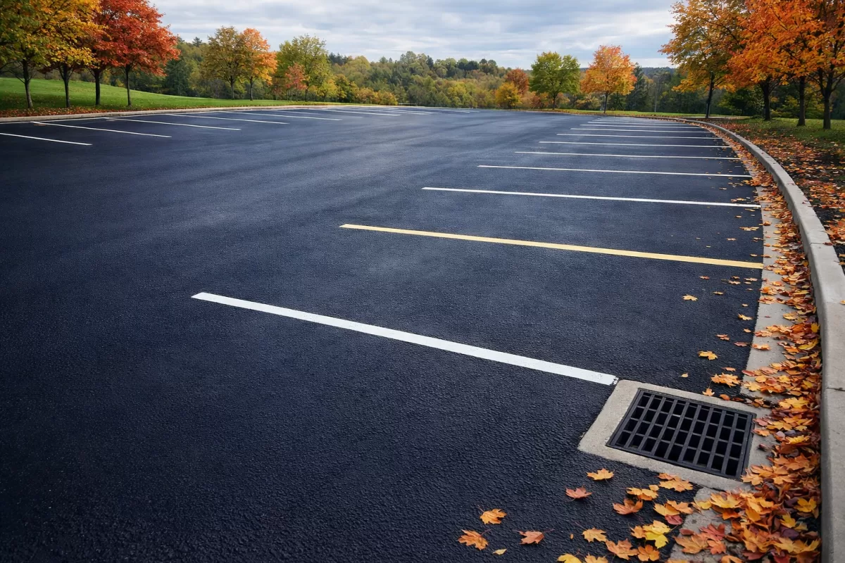 Illustration of a generic commercial parking lot with clean asphalt, visible striping, and no debris or vehicles, under autumn foliage.
