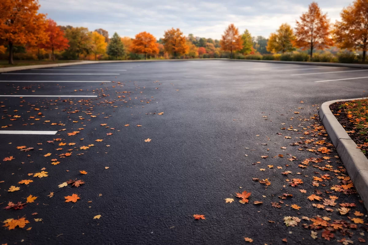 Clean, well-maintained commercial asphalt parking lot with a smooth, uniform dark surface, lightly scattered autumn leaves, and subtle early-fall trees in the background. No visible people, vehicles, logos, or text.