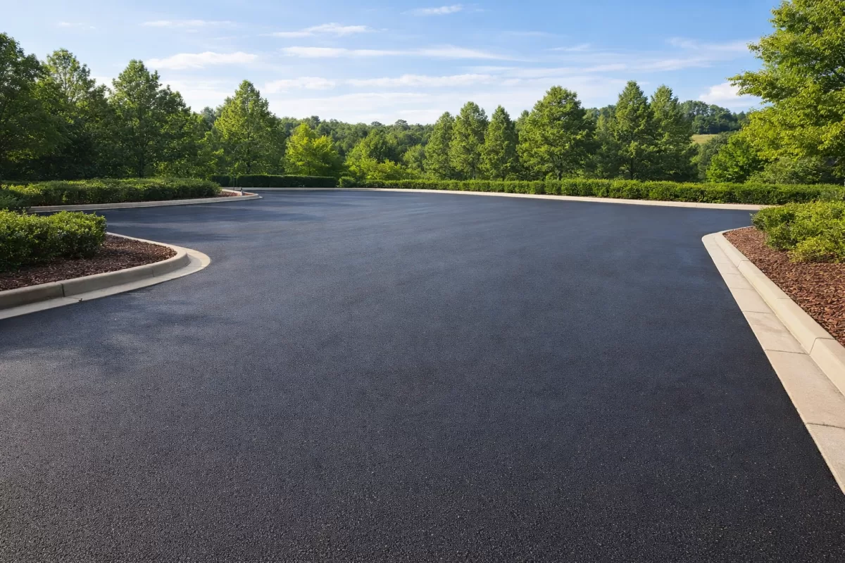 A clean commercial parking lot surface showing restored, dark asphalt with defined edges and no visible cracks, surrounded by generic landscaping