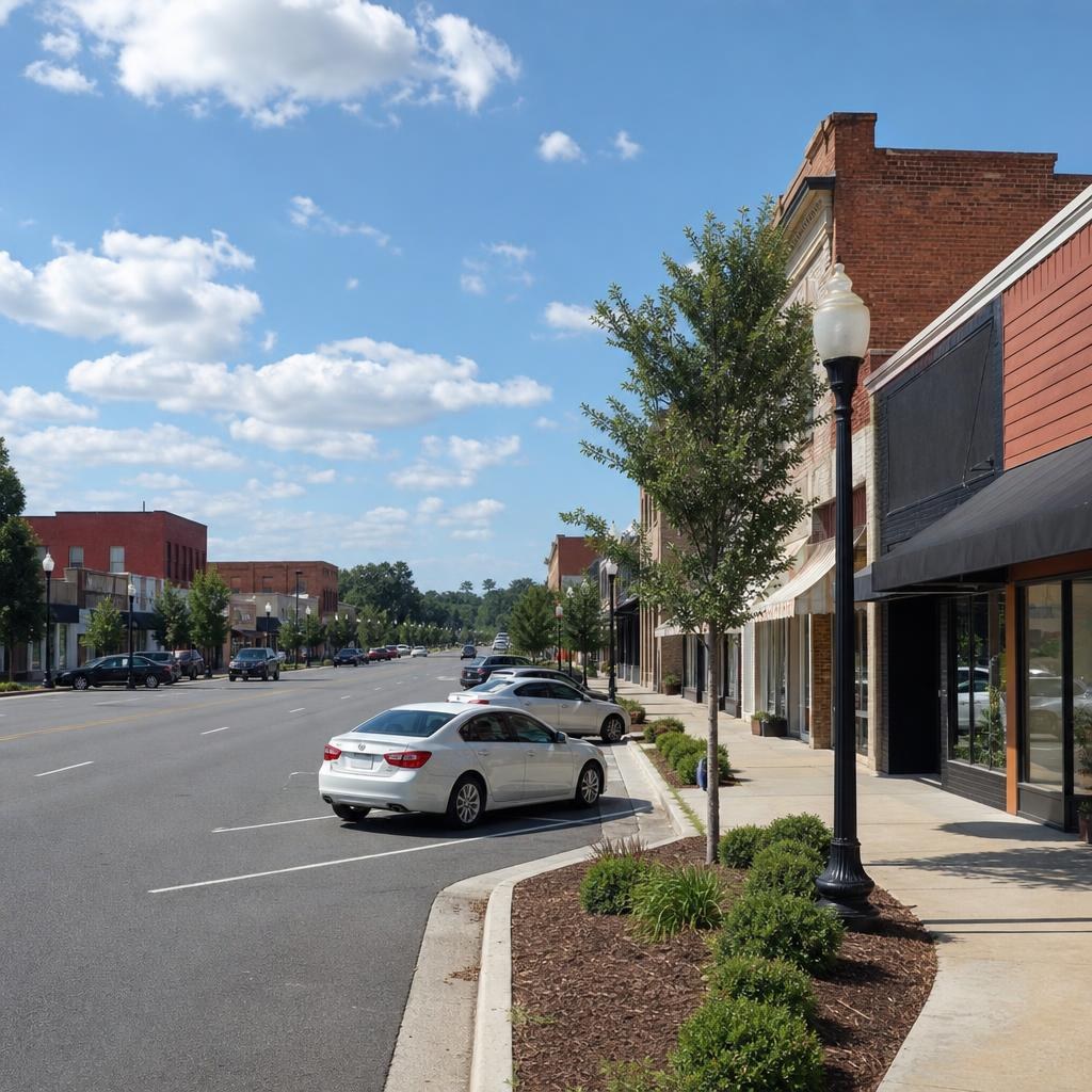 Low-rise Adel, Georgia streetscape with landscaped sidewalks, parking, storefronts, and maintained asphalt.