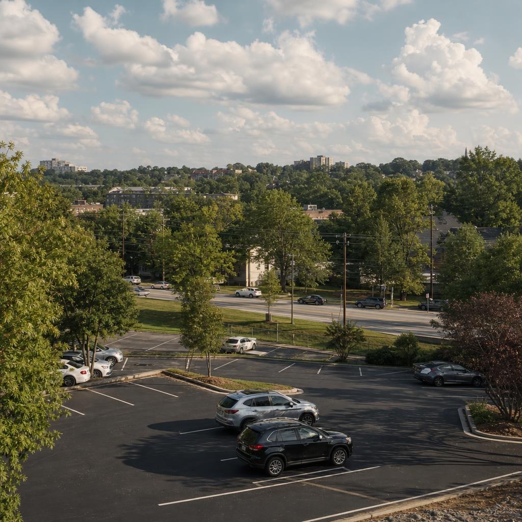 Atlanta parking lot on a gentle, tree-lined urban slope with lush greenery; no signs or logos.