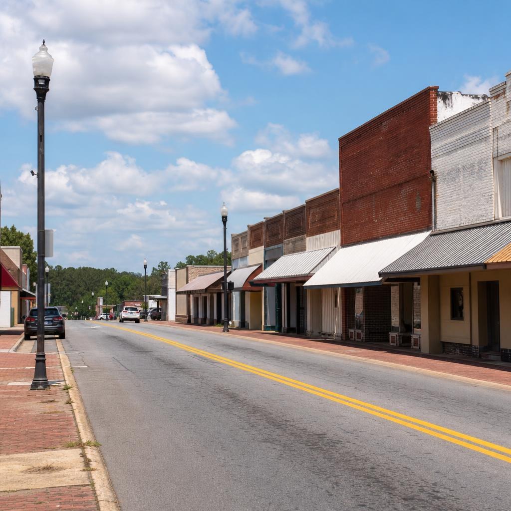 Small-town Cairo, Georgia street with low-rise historic storefronts, awnings, and a paved road.