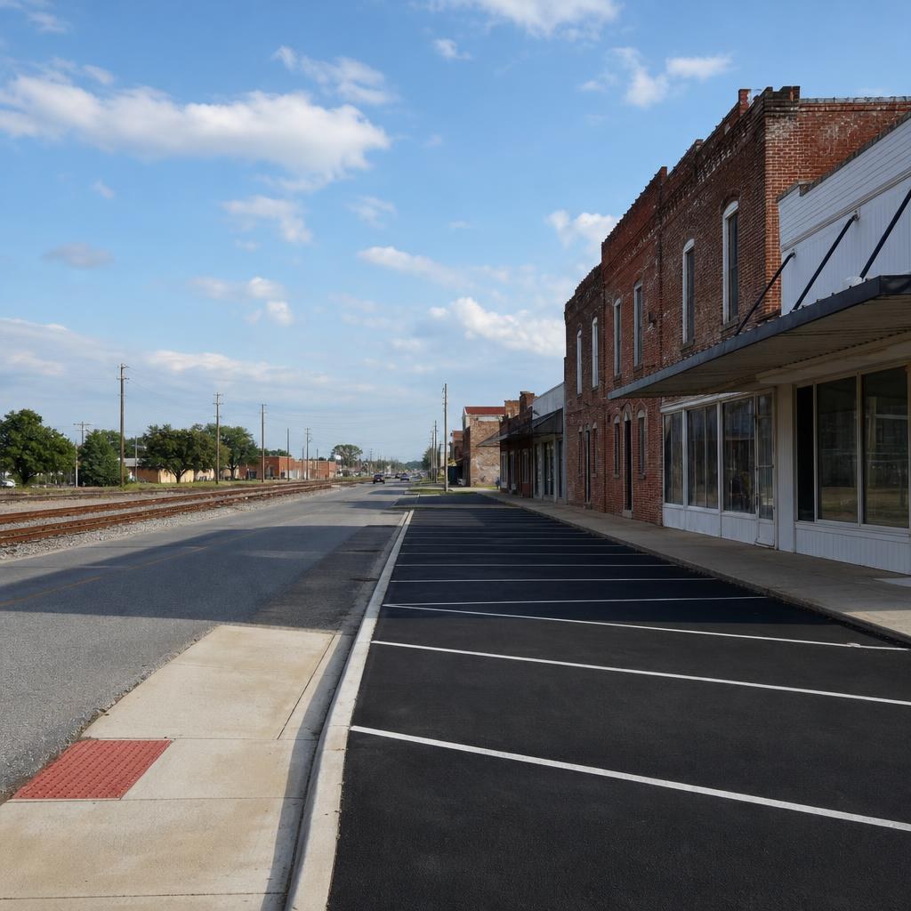 Cordele, Georgia streetscape with a freshly sealed asphalt lot beside low-rise brick commercial buildings and rail tracks.