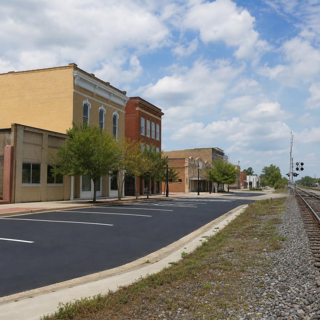 Low-rise historic downtown Douglas streetscape beside a paved lot near a railroad corridor.