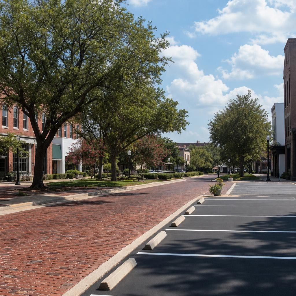 Freshly striped asphalt beside a brick historic streetscape and shaded plaza greenery in Fitzgerald, Georgia.