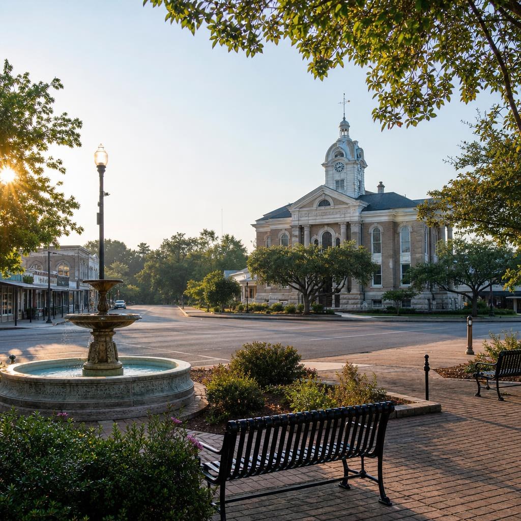Homerville streetscape with asphalt pavement, brick plaza, landscaping, and low-rise historic buildings.