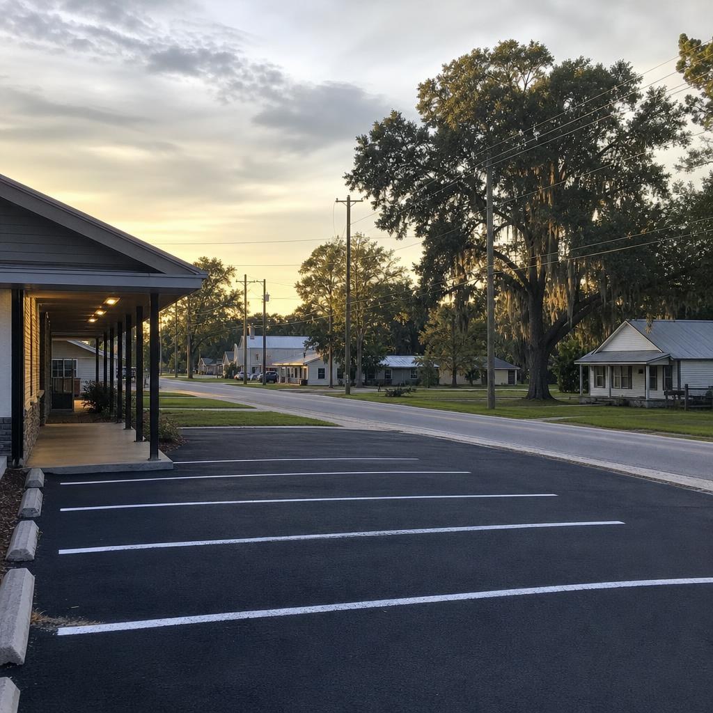 Ordinary paved streetscape in Jasper, Florida, with shaded lowland surroundings and no readable signage.