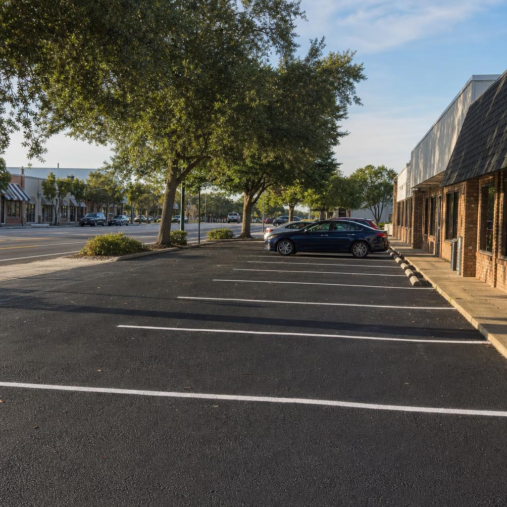 Freshly striped parking lot beside low-rise storefronts and green trees in flat Lake City, Florida.
