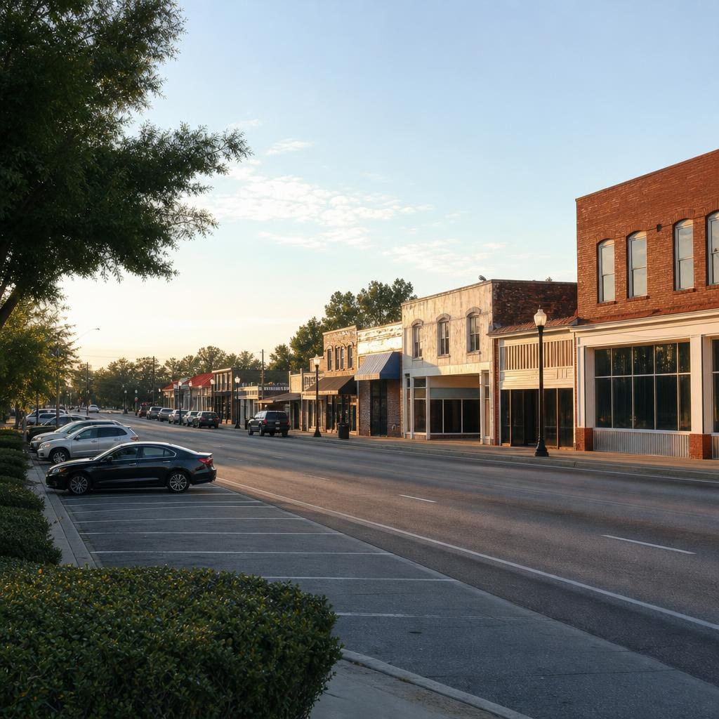 Low-rise North Florida commercial streetscape with paved road, modest buildings, and small-town character.