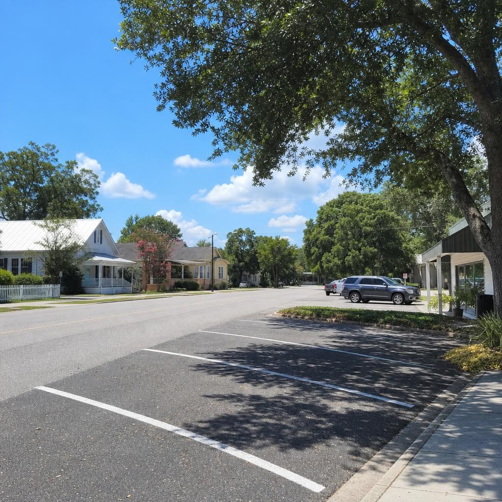 Paved small-town Florida street and parking area beside trees and modest historic low-rise buildings.