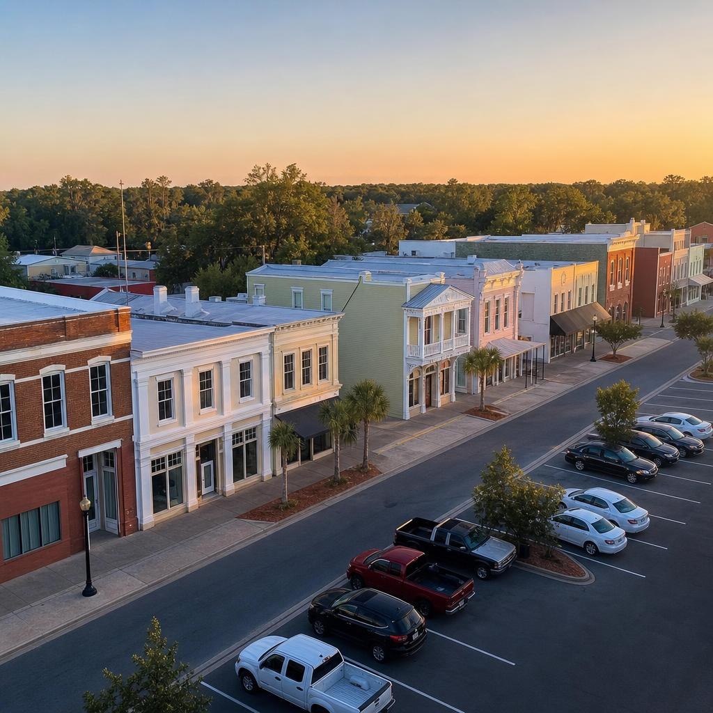 Monticello, Florida streetscape with intact low-rise historic façades and an unlettered asphalt parking area.