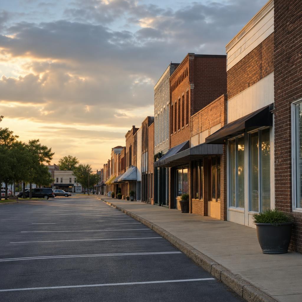 Flat Moultrie streetscape with low-rise brick storefronts, concrete sidewalks, and a granite curb.