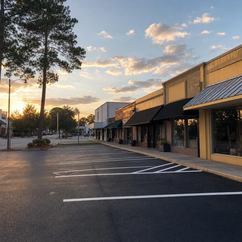 Freshly striped asphalt lot beside modest low-rise storefronts in a small North Florida town.