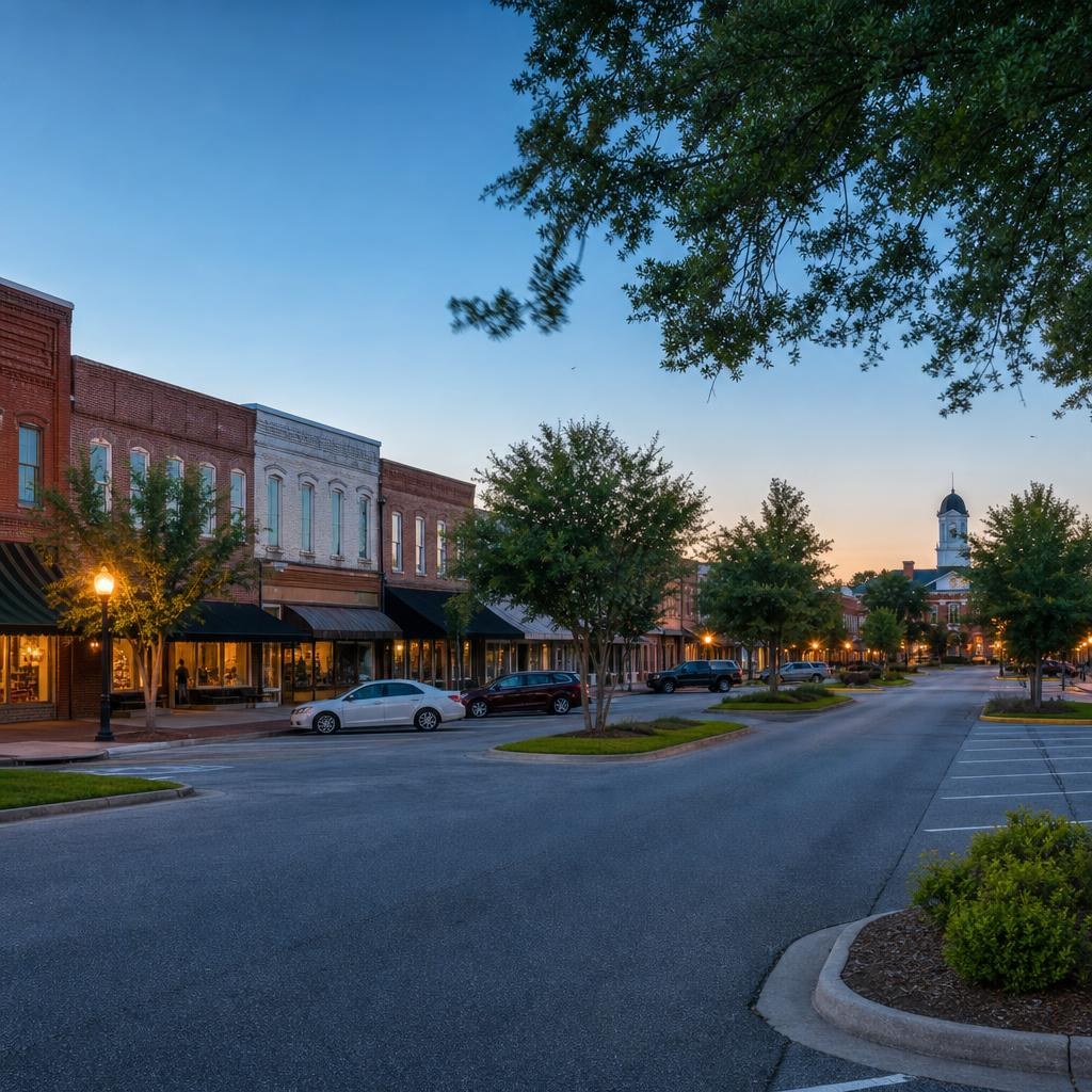 Broad green-belted avenue by Quitman’s courthouse square, with brick storefronts, live oaks, and southern pines.