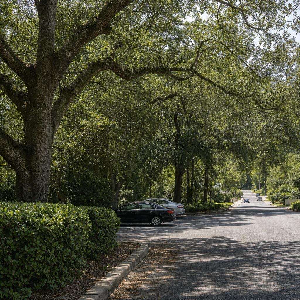 Text-free asphalt lot beside a gently rolling, tree-canopied Tallahassee road.