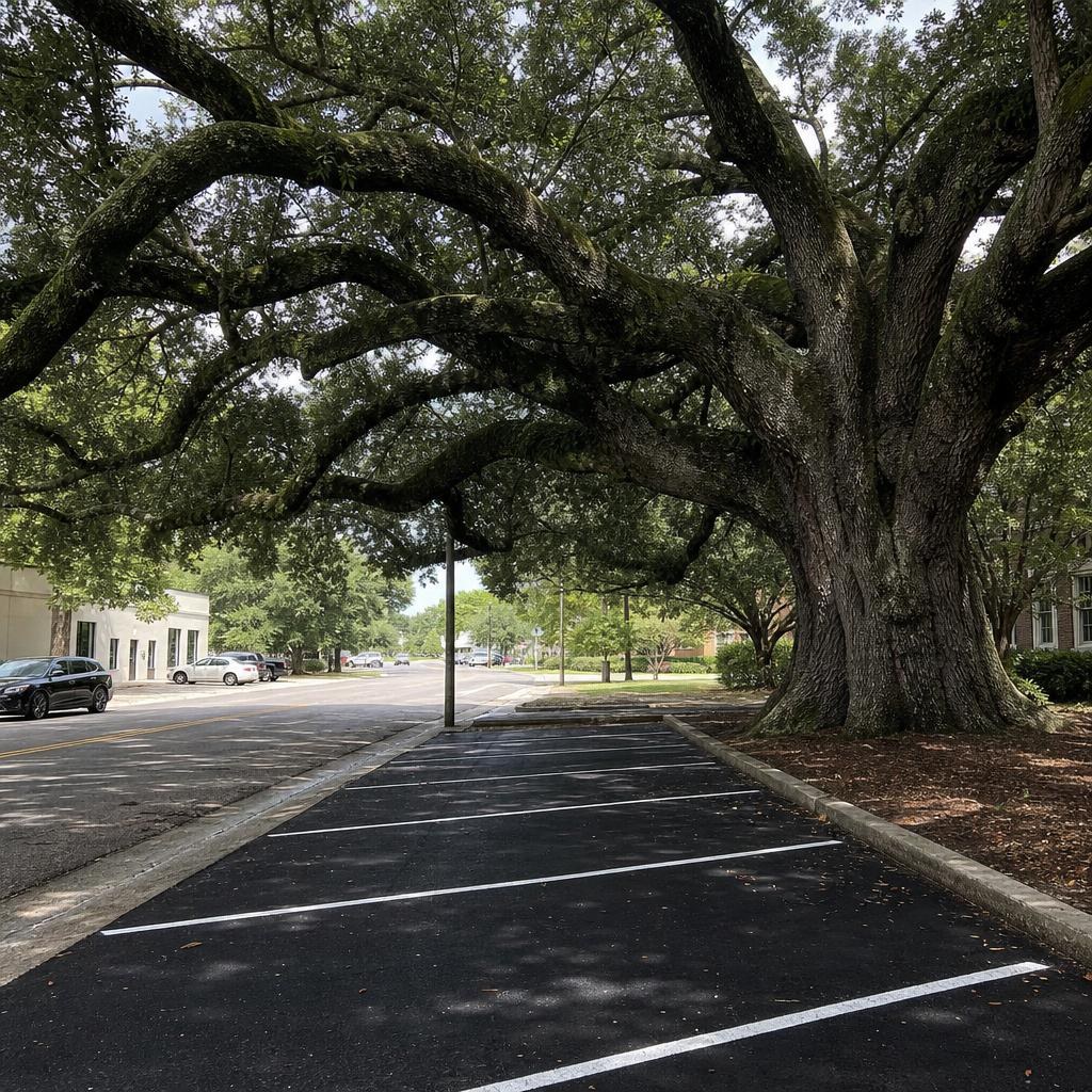 Shaded Thomasville roadside with fresh asphalt and a broad Southern live oak.