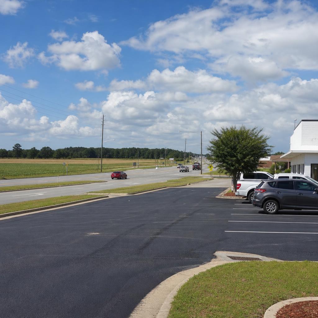 Freshly striped asphalt lot beside a broad Tifton, Georgia roadside with open South Georgia fields beyond.