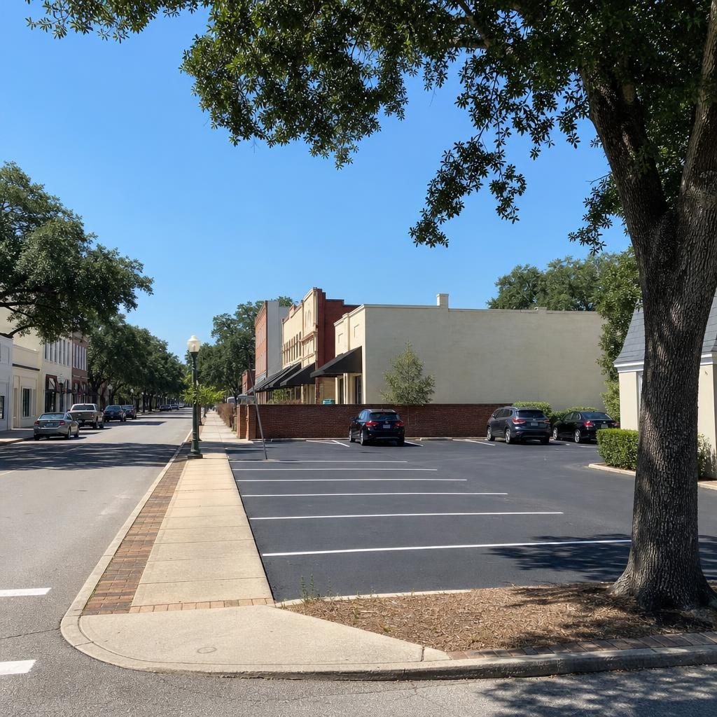 Freshly striped parking lot beside mature oak trees and modest low-rise buildings in Valdosta, Georgia.