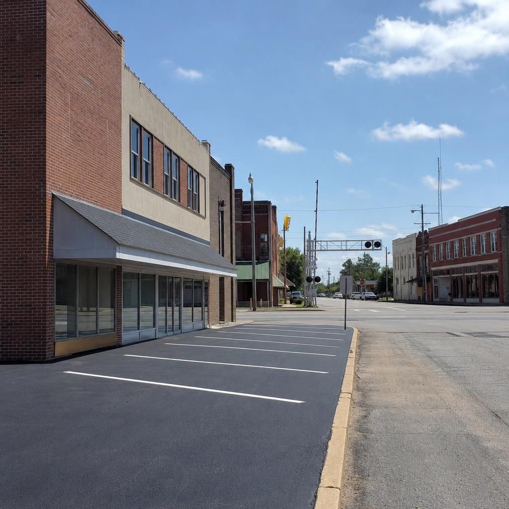 Waycross commercial street with brick storefronts beside a freshly coated asphalt parking area.