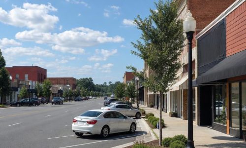 Low-rise Adel, Georgia streetscape with landscaped sidewalks, parking, storefronts, and maintained asphalt.