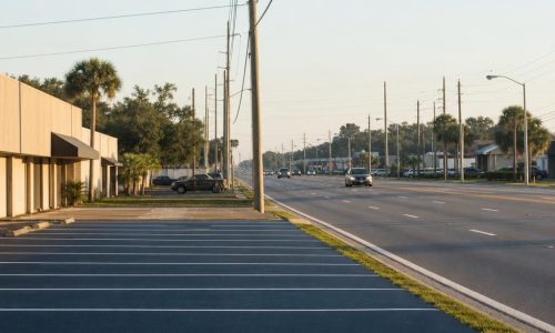 Flat Jacksonville commercial streetscape with a freshly striped asphalt parking area beside a broad roadway.