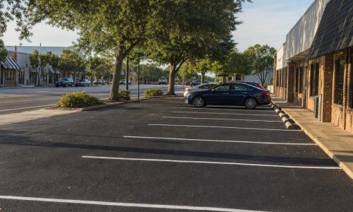 Freshly striped parking lot beside low-rise storefronts and green trees in flat Lake City, Florida.