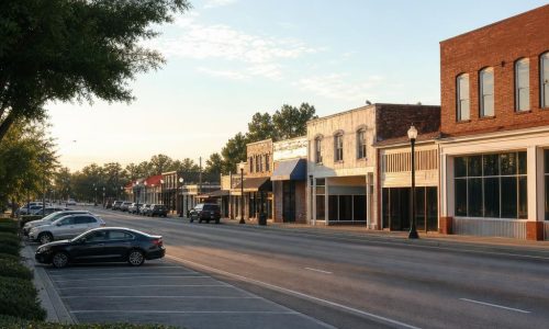 Low-rise North Florida commercial streetscape with paved road, modest buildings, and small-town character.