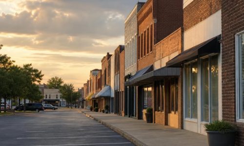 Flat Moultrie streetscape with low-rise brick storefronts, concrete sidewalks, and a granite curb.