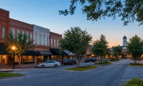 Broad green-belted avenue by Quitman’s courthouse square, with brick storefronts, live oaks, and southern pines.