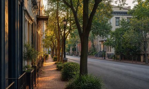 Tree-lined gridded Savannah street with brick sidewalks and varied low-rise historic buildings.