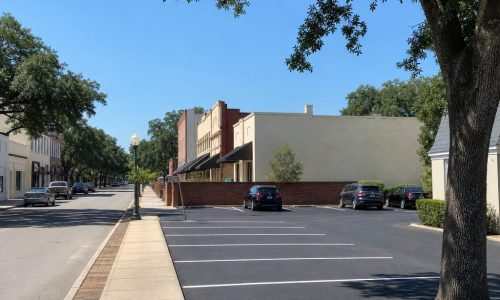 Freshly striped parking lot beside mature oak trees and modest low-rise buildings in Valdosta, Georgia.